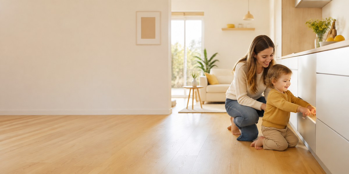 Parent and toddler next to low kitchen cupboards