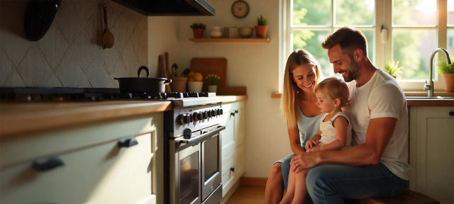 Parents and baby together in a family kitchen
