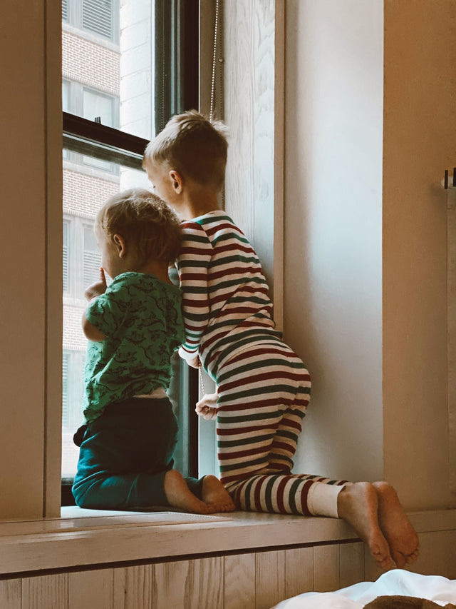 Two young children looking out of a closed window at home